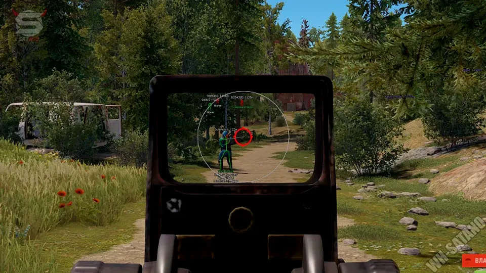 Rust cheat skeleton ESP with aimbot FOV circle locked on a distant target