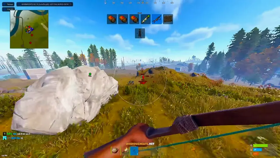 Rust cheat minimap radar with bow aimbot FOV circle and distant player ESP