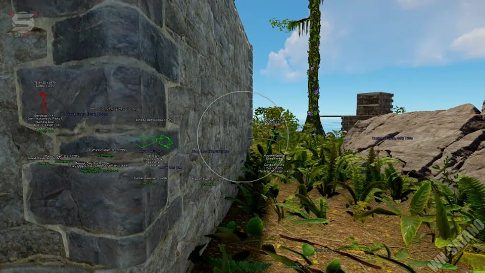 Rust cheat player ESP with skeleton boxes, inventory lists, and loot labels through structures