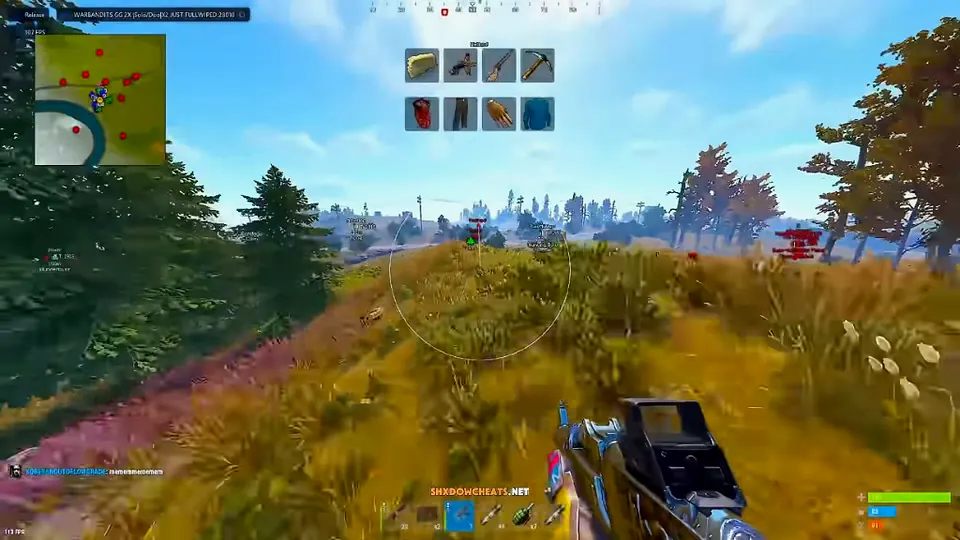 Rust cheat field ESP with minimap radar, player name tags, and FOV circle on open terrain