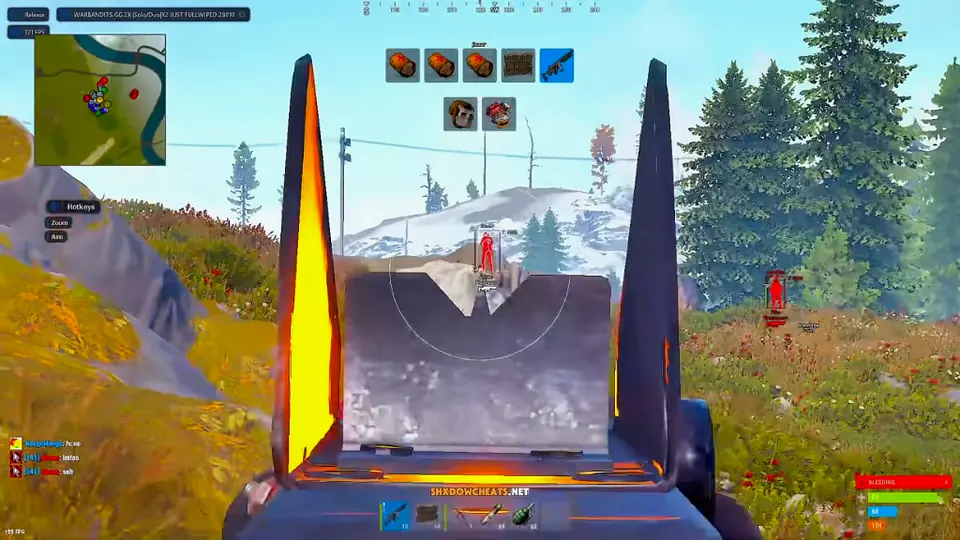 Rust cheat aimbot FOV arc with red target highlight through iron sights