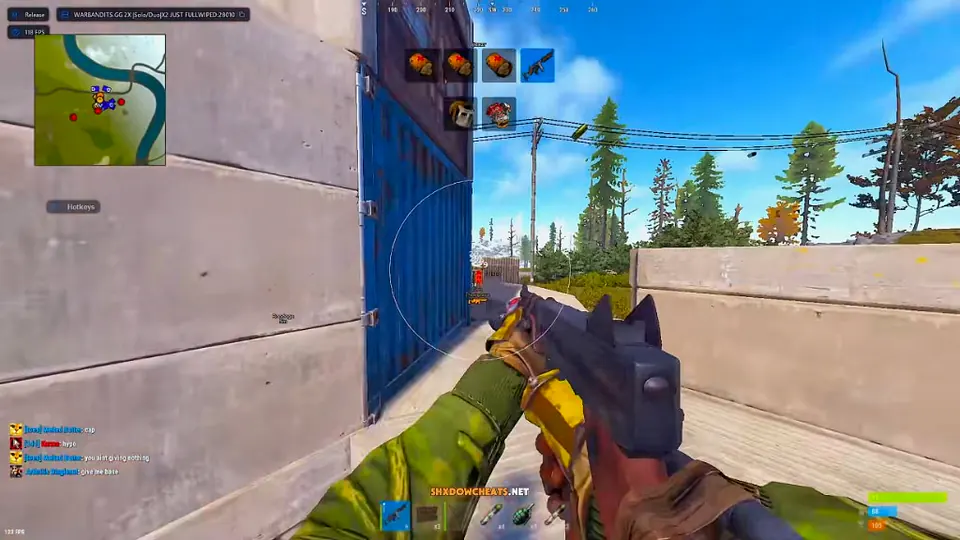 Rust cheat loot ESP showing enemy inventory, armor, and weapons through a shipping container